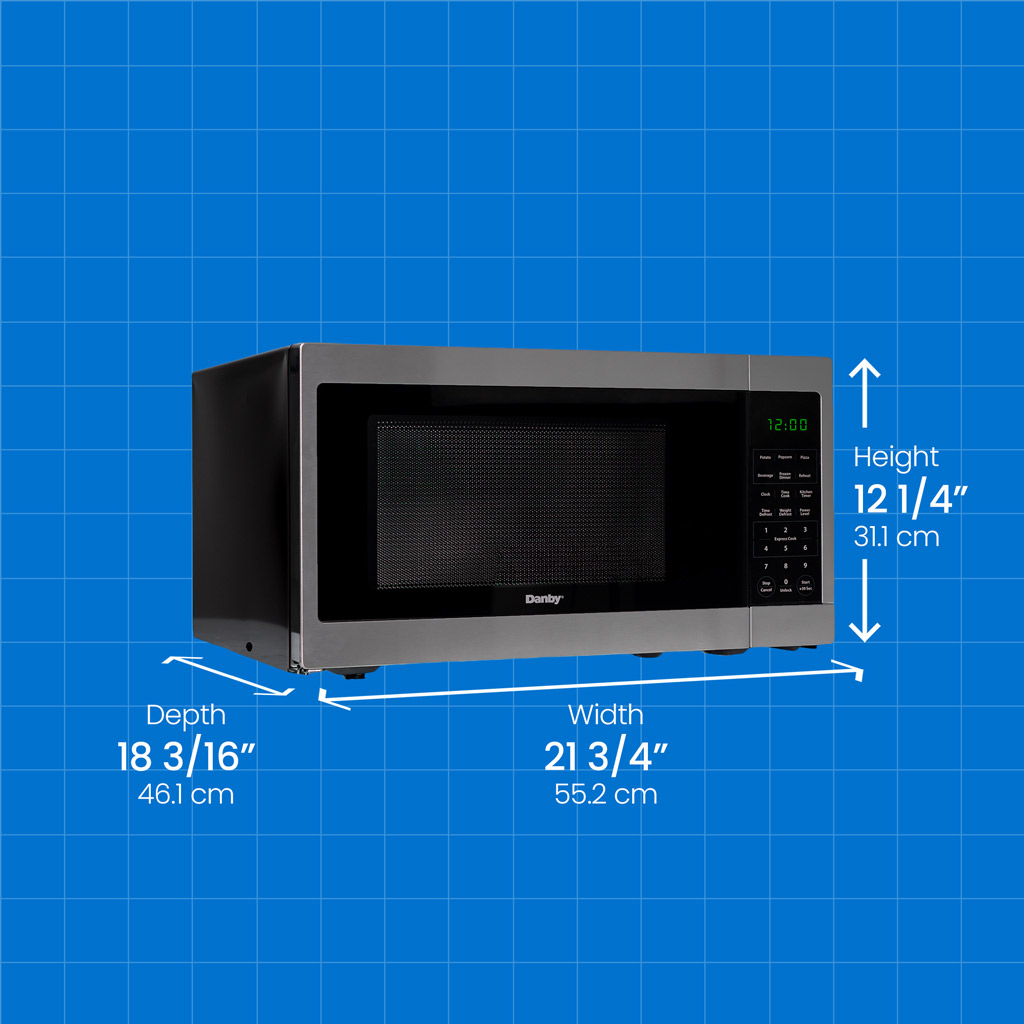 Danby DMW16A1SSDB 1.6 cu ft countertop microwave with height width and depth measurements displayed