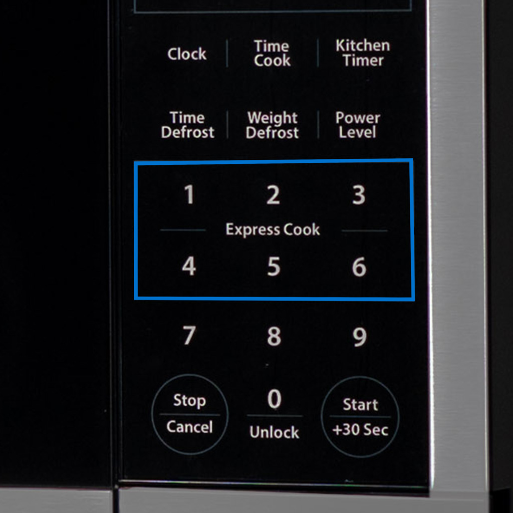 Danby DMW16A1SSDB 1.6 cu ft countertop microwave control panel showing quick control settings