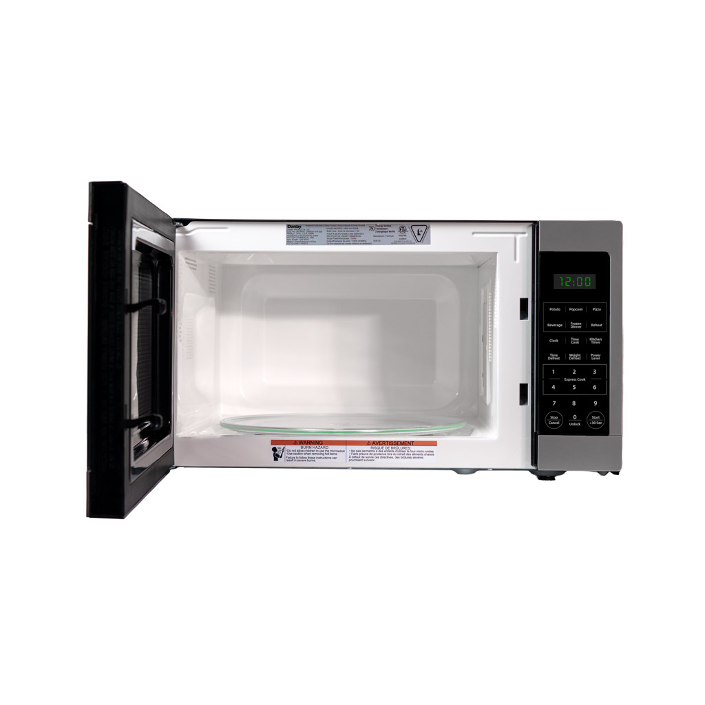 Danby DMW16A1SSDB 1.6 cu ft countertop microwave with door open showing interior cavity and glass turntable