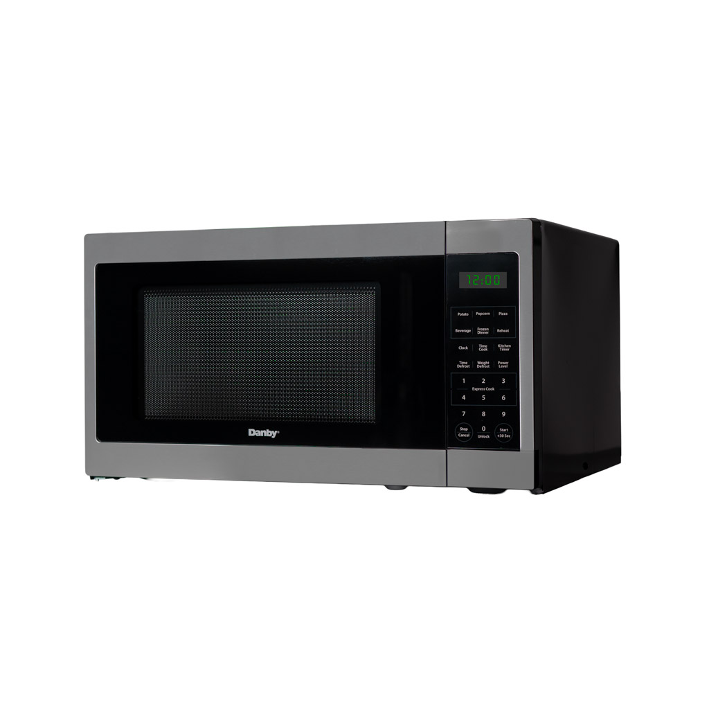Danby DMW16A1SSDB 1.6 cu ft countertop microwave left side view with stainless steel finish