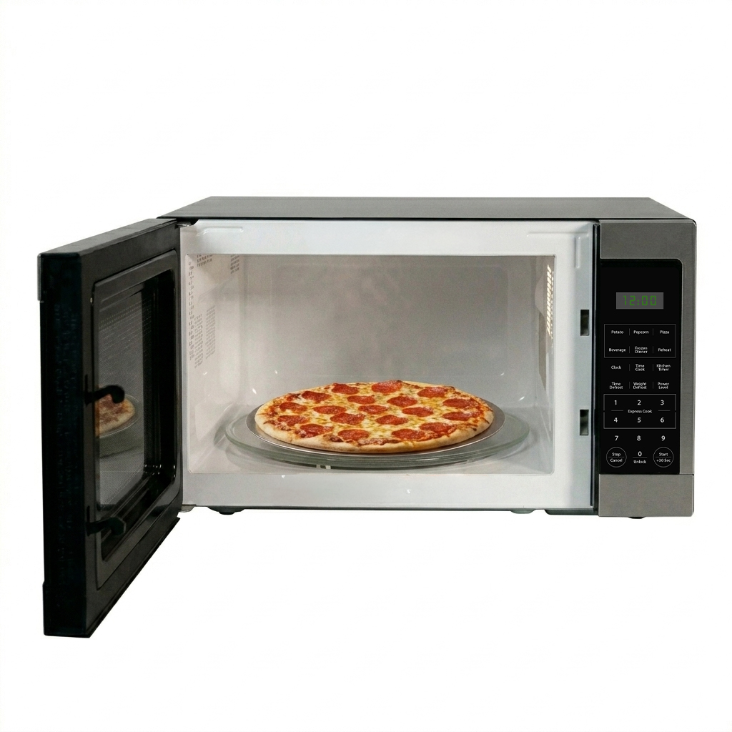 Danby DMW16A1SSDB 1.6 cu ft countertop microwave with door open showing interior cavity and food inside