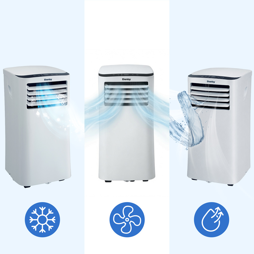 9000 BTU air conditioner White portable unit showing cooling fan and dehumidifier functions