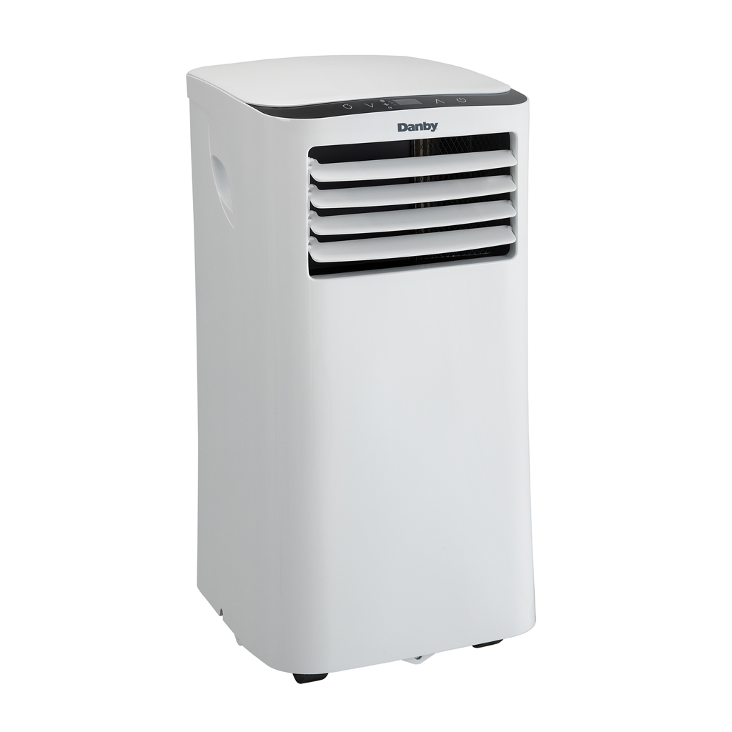 9000 BTU air conditioner White portable unit angled view showing air vents and top control panel