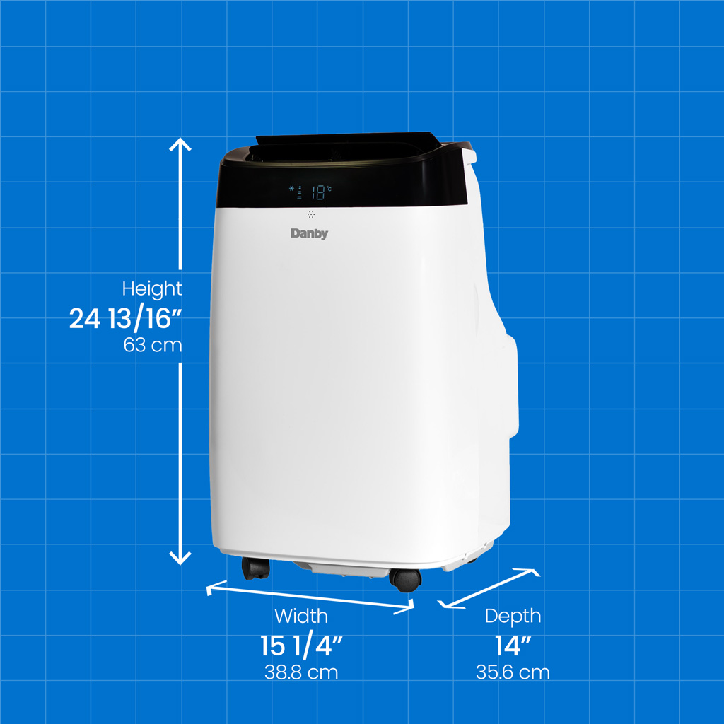 Danby DPA063E1WDB 10000 BTU portable air conditioner with height width and depth measurements displayed