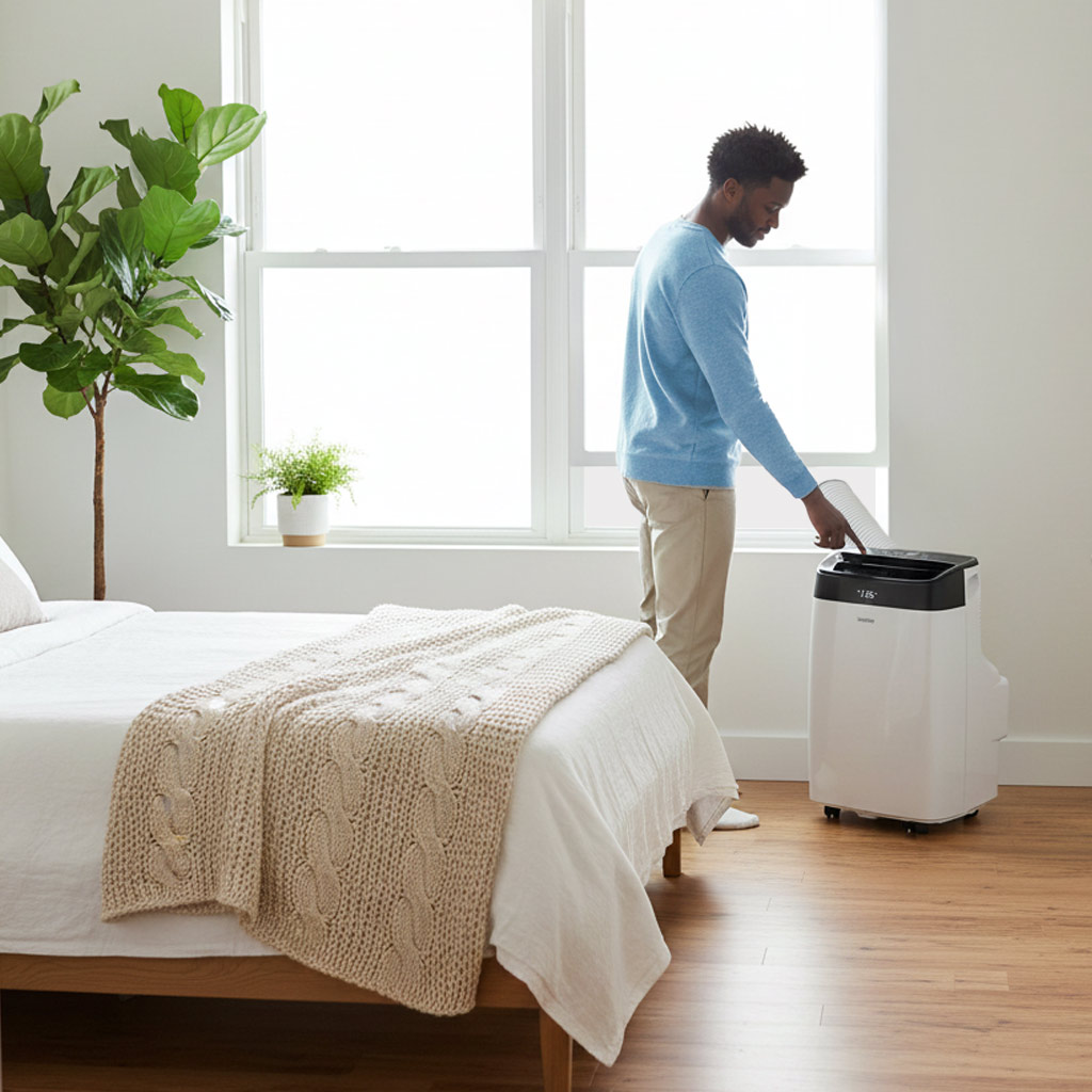 Danby DPA063E1WDB 10000 BTU portable air conditioner in living room setting providing cooling comfort
