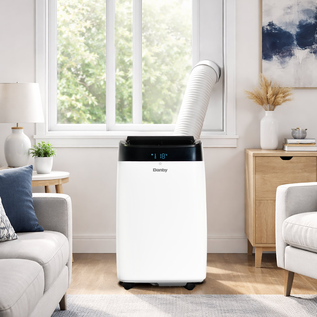 Danby DPA063E1WDB 10000 BTU portable air conditioner in home setting with cooling operation