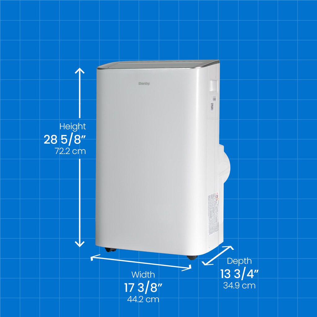 Danby DPA080B2WDB 12000 BTU air conditioner side view with height, width and depth measurements displayed