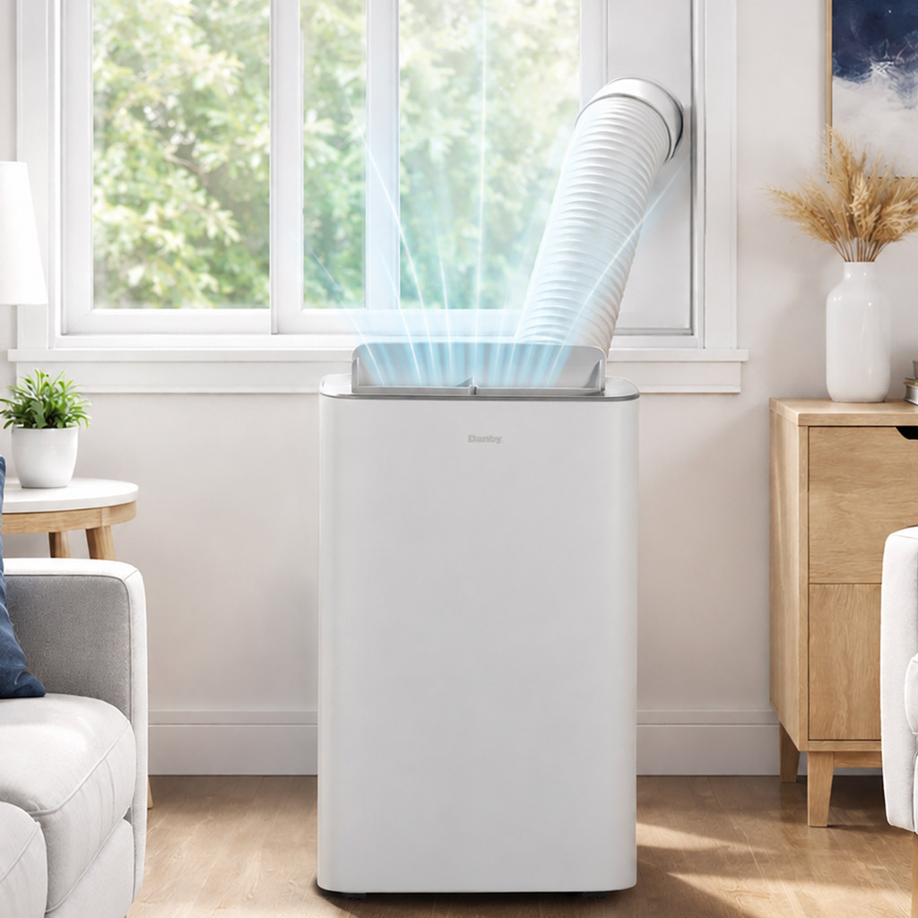 Danby DPA080B2WDB 12000 BTU air conditioner vented through window cooling a living room