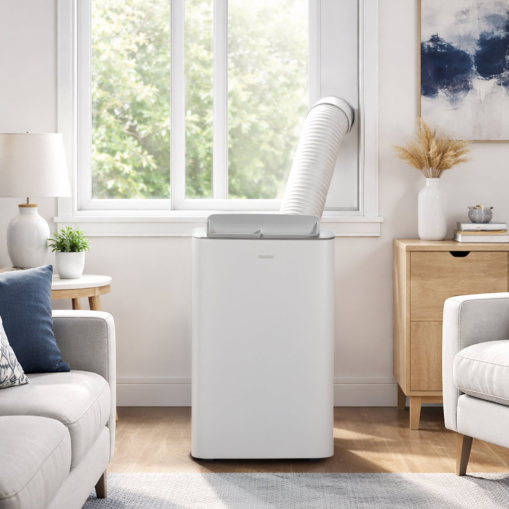 Danby DPA080B2WDB 12000 BTU air conditioner vented through window cooling a living room between sofas