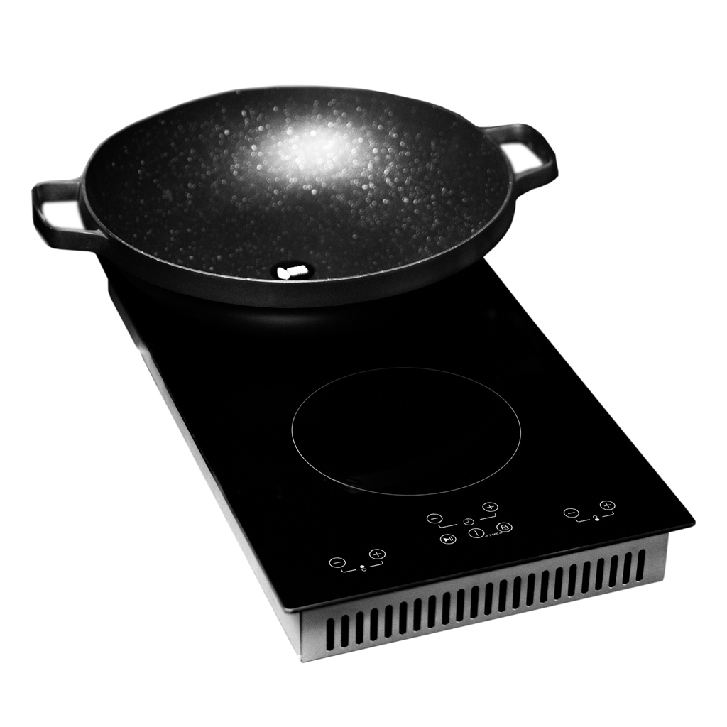 Danby DRC12B1DBD 12 inch radiant cooktop with cookware in use on dual cooking zones