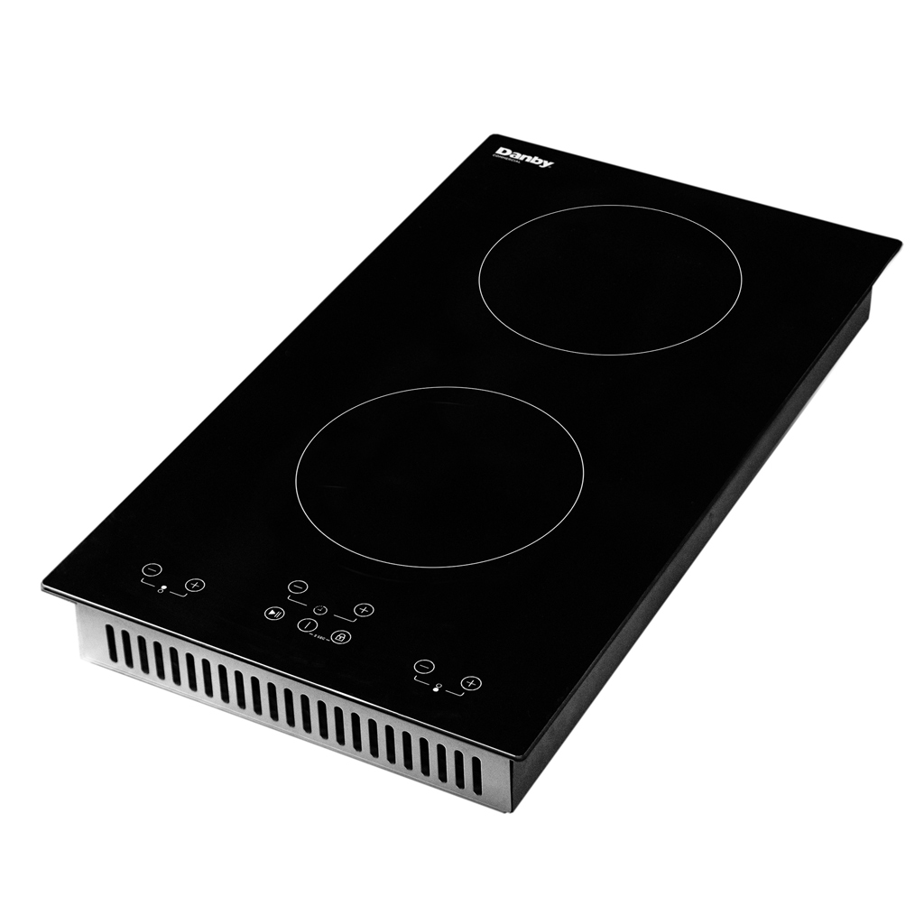 Danby DRC12B1DBD 12 inch radiant cooktop angled top left view showing glass surface and burner layout