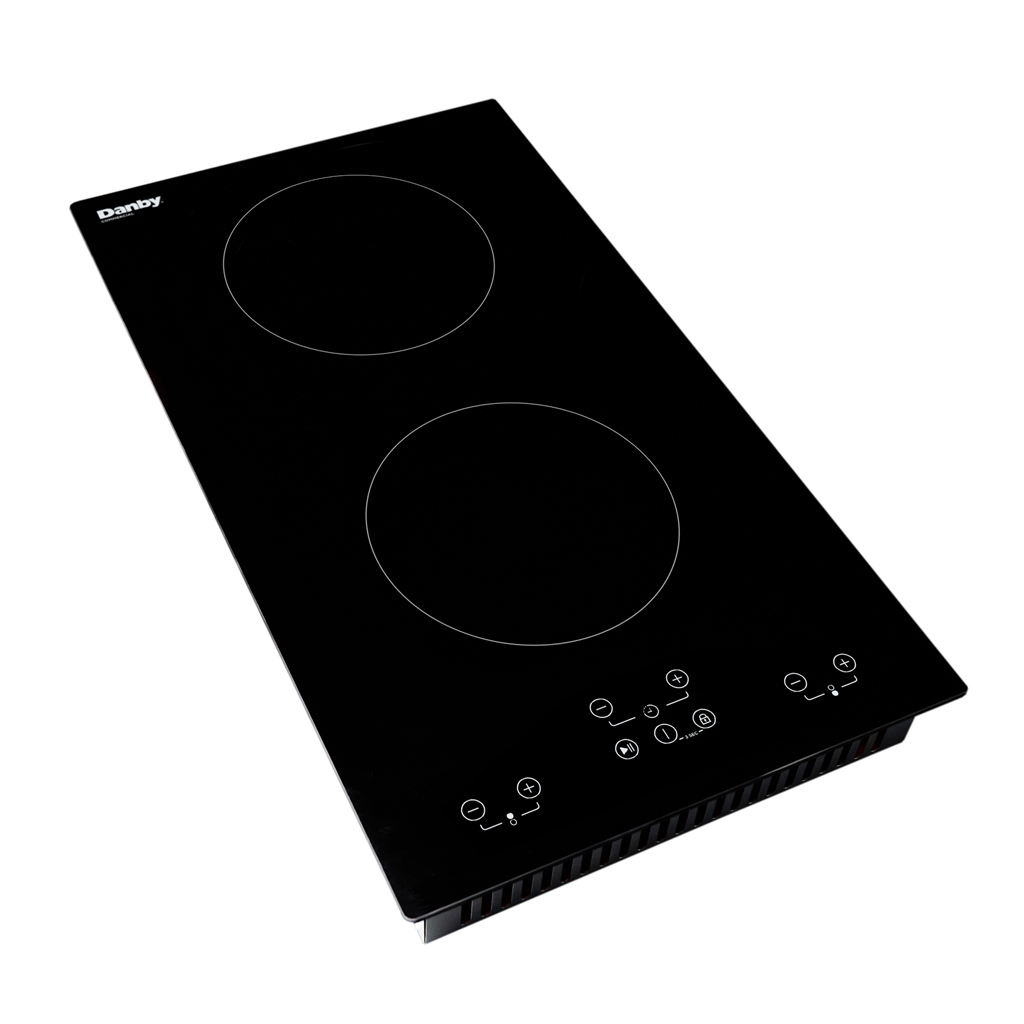 Danby DRC12B1DBD 12 inch radiant cooktop angled top right view showing dual burner zones and controls