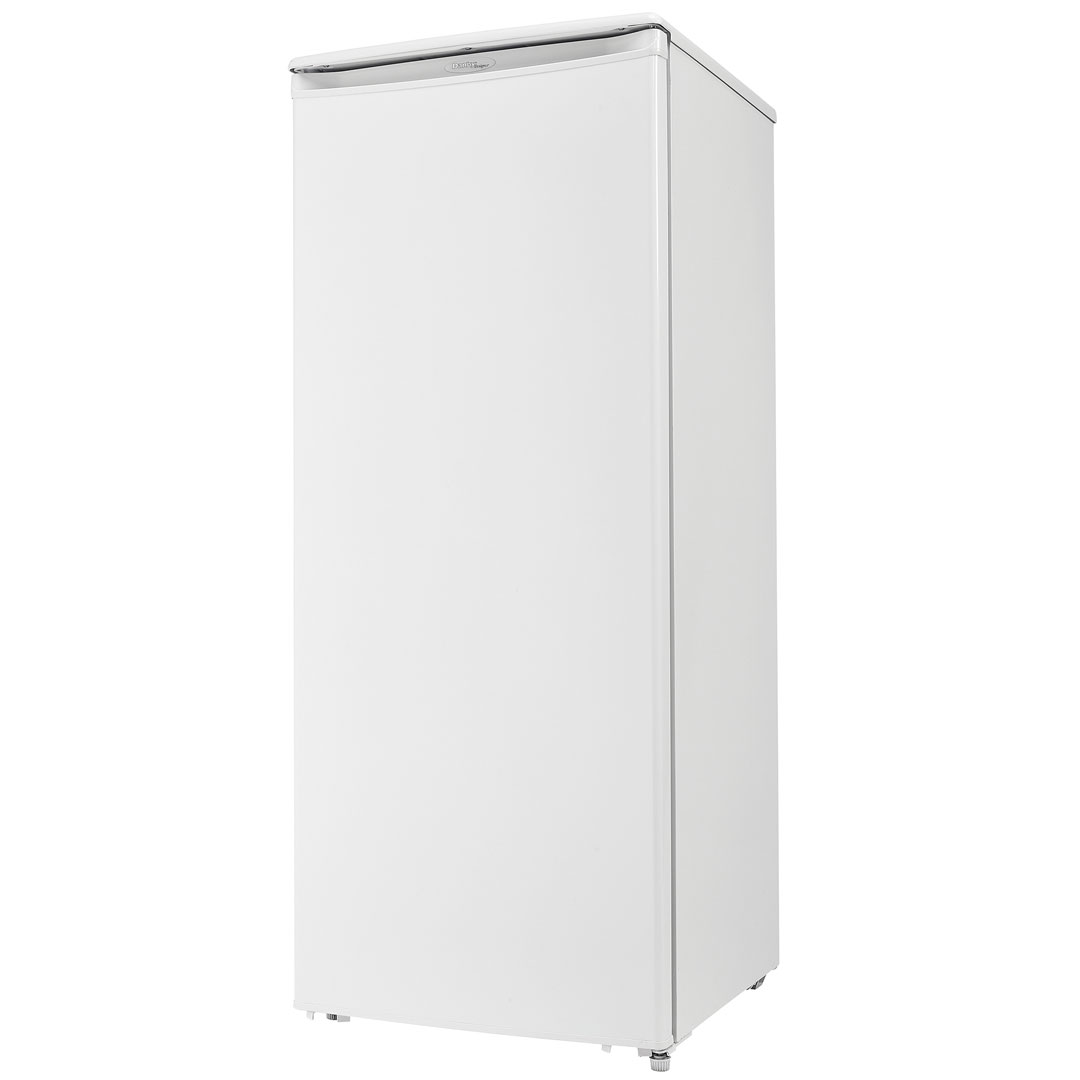 Danby Designer 10.1 cu. ft. Upright Freezer in White 3 Danby DUFM101A2WDD 10.1 cu ft upright freezer left angle view with white finish