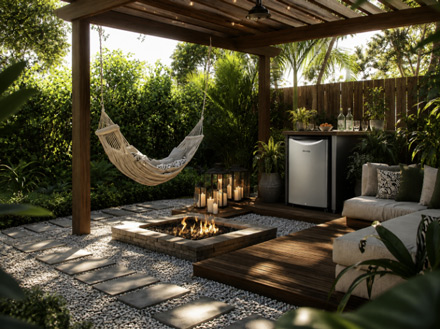 Outdoor patio set up with hammock, fire, and Danby outdoor fridge describing the secret to backyard hosting