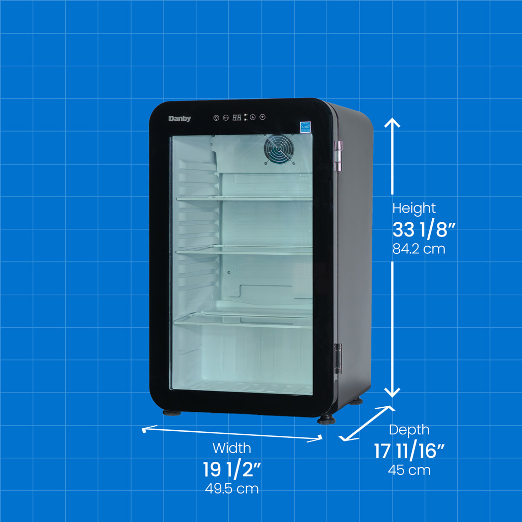 3.3 cu ft mini fridge Black glass door with height 33 1/8 inch width 19 1/2 inch depth 17 11/16 inch dimensions