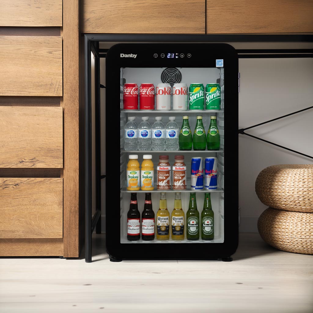 3.3 cu ft mini fridge Black glass door with soda cans, water bottles and beer on shelves
