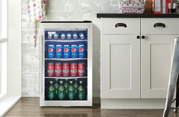Danby blog page showing a beverage center stocked with drinks in a modern kitchen setting