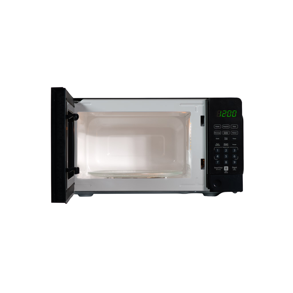 0.7 cu. ft. Countertop Microwave – 700 W 9 Danby DMW071A1B 0.7 cu ft countertop microwave with door open showing interior cavity and glass turntable