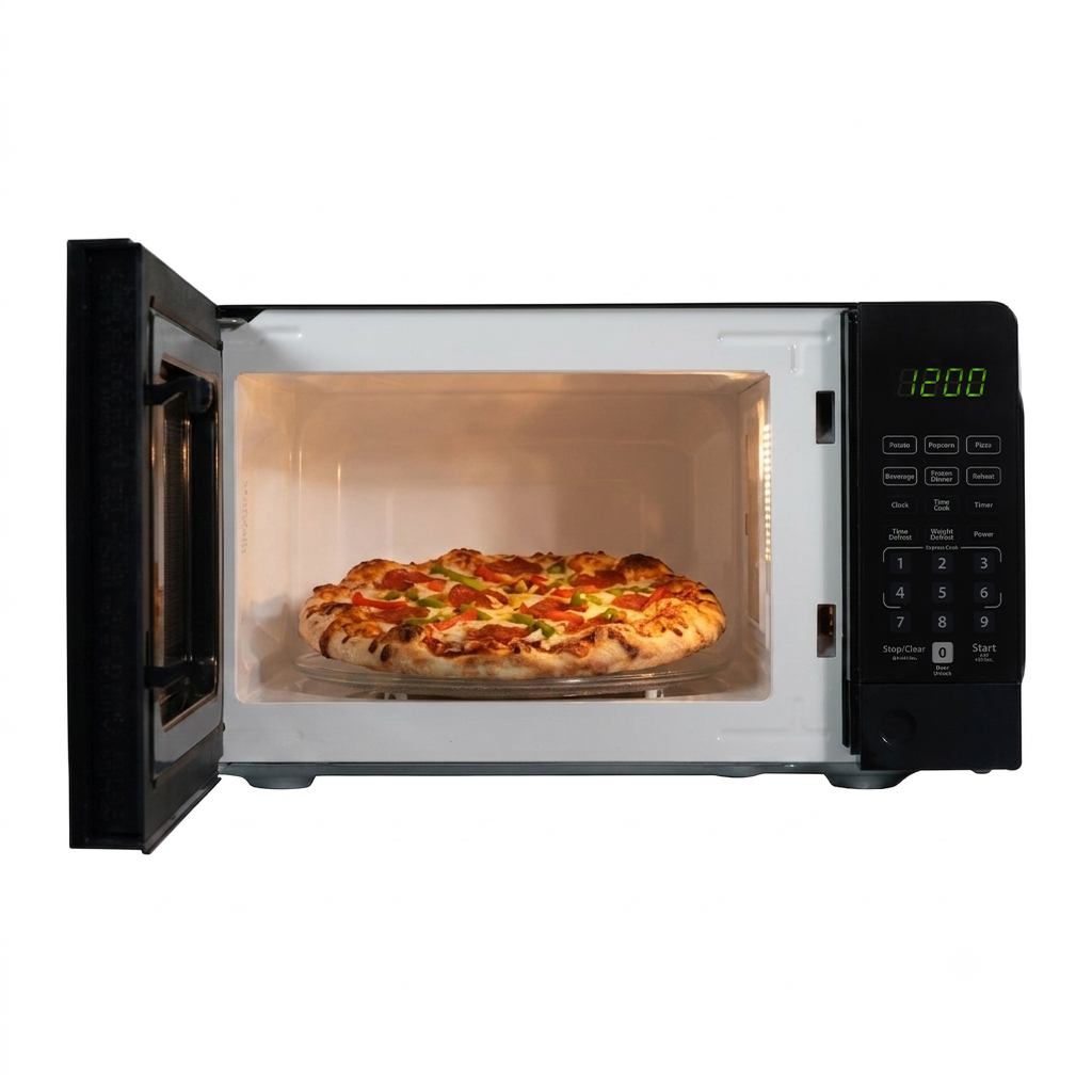 0.7 cu. ft. Countertop Microwave – 700 W 7 Danby DMW071A1B 0.7 cu ft countertop microwave with door open showing food inside cooking cavity