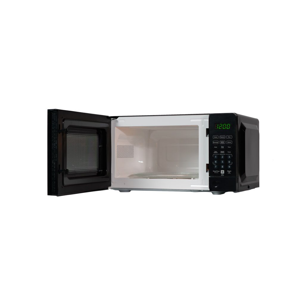 0.7 cu. ft. Countertop Microwave – 700 W 10 Danby DMW071A1B 0.7 cu ft countertop microwave angled view with door open showing interior cooking space