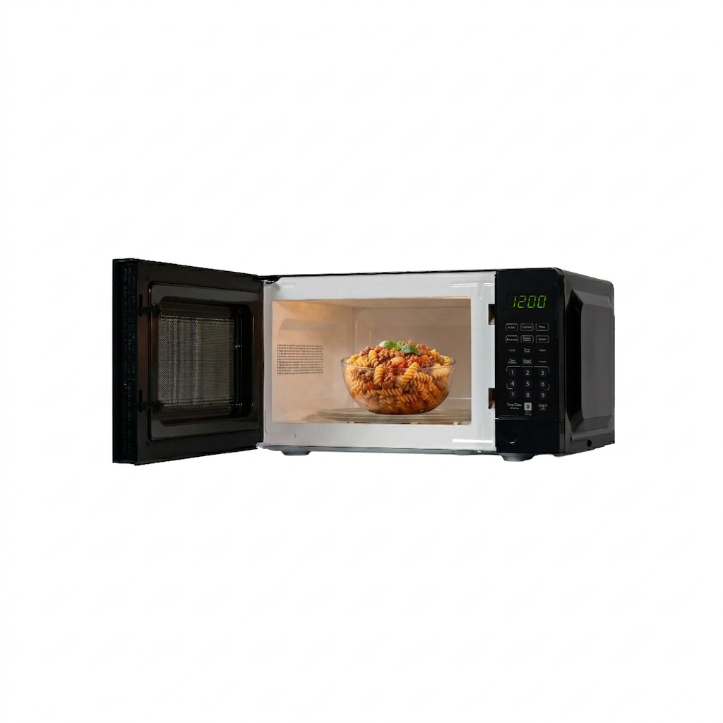 0.7 cu. ft. Countertop Microwave – 700 W 8 Danby DMW071A1B 0.7 cu ft countertop microwave angled view with door open showing food inside