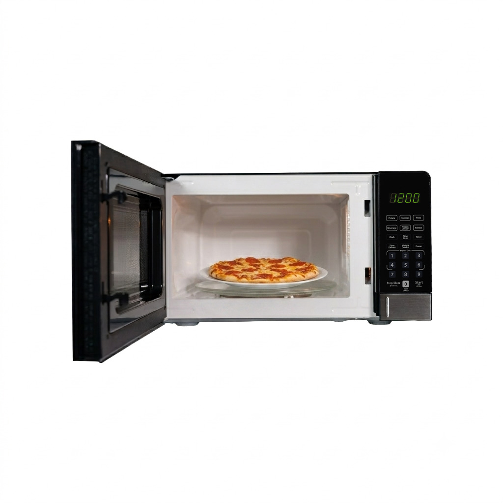 Danby DMW071A1SS 0.7 cu ft countertop microwave with door open showing food inside cooking cavity