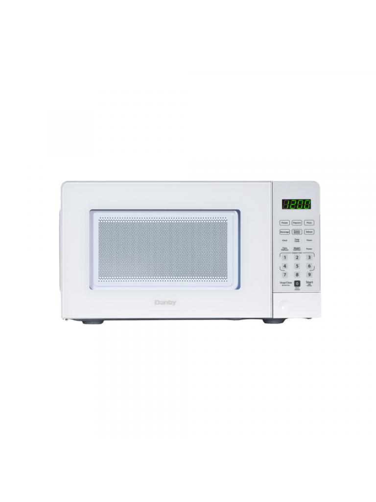 Danby DMW071A1W 0.7 cu ft countertop microwave front view with white finish and digital controls