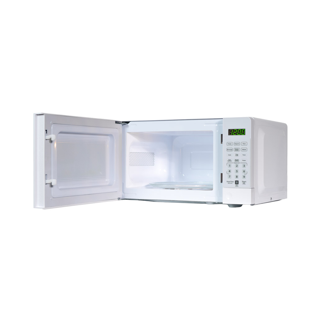 0.7 cu. ft. Countertop Microwave – 700 W 11 Danby DMW071A1W 0.7 cu ft countertop microwave angled view with door open showing interior cooking space