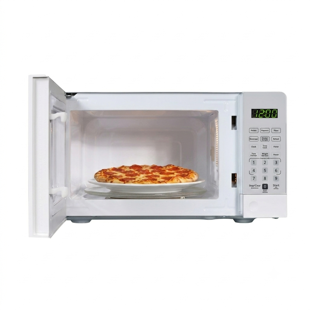 0.7 cu. ft. Countertop Microwave – 700 W 8 Danby DMW071A1W 0.7 cu ft countertop microwave with door open showing food inside cooking cavity