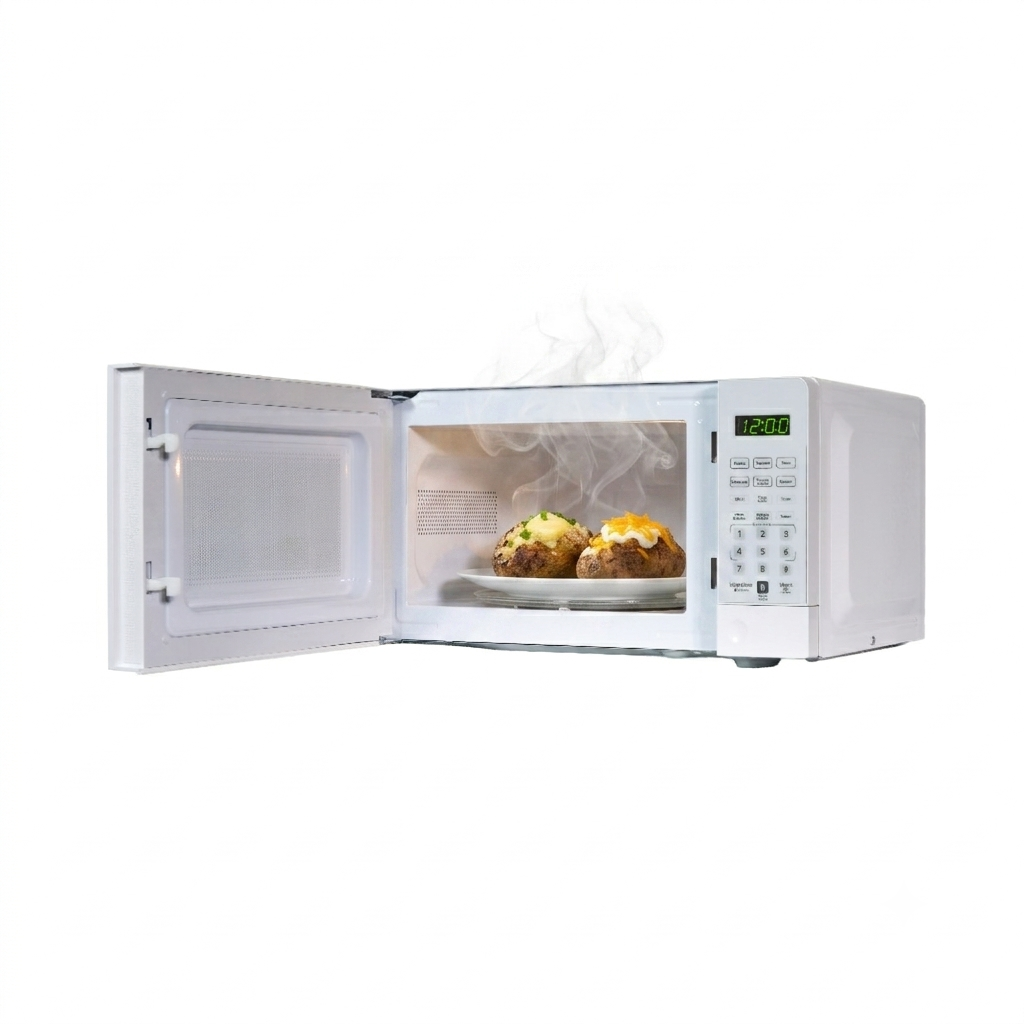 0.7 cu. ft. Countertop Microwave – 700 W 9 Danby DMW071A1W 0.7 cu ft countertop microwave angled view with door open showing food inside
