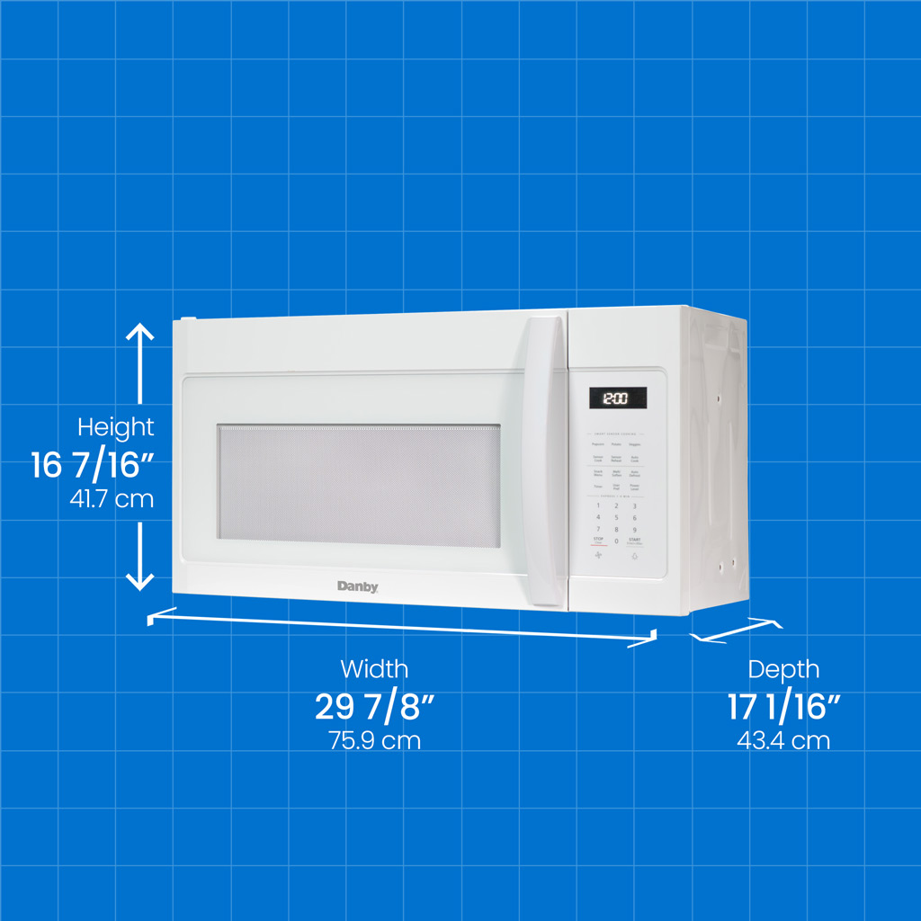 Danby DOM1742B1WDB 1.7 cu ft over range microwave with height width and depth measurements displayed