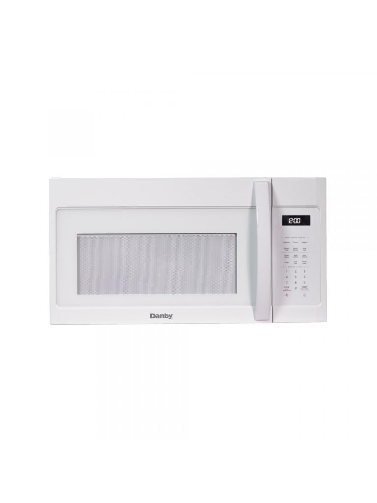 Danby DOM1742B1WDB 1,7 pi3 micro-ondes au-dessus de la cuisinière vue de face avec finition blanche et panneau de commande numérique