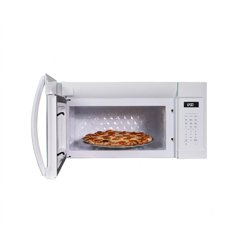 Danby DOM1742B1WDB 1.7 cu ft over range microwave with door open displaying food inside