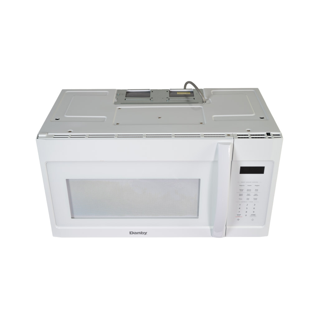 Danby DOM1742B1WDB 1.7 cu ft over range microwave angled view with white finish
