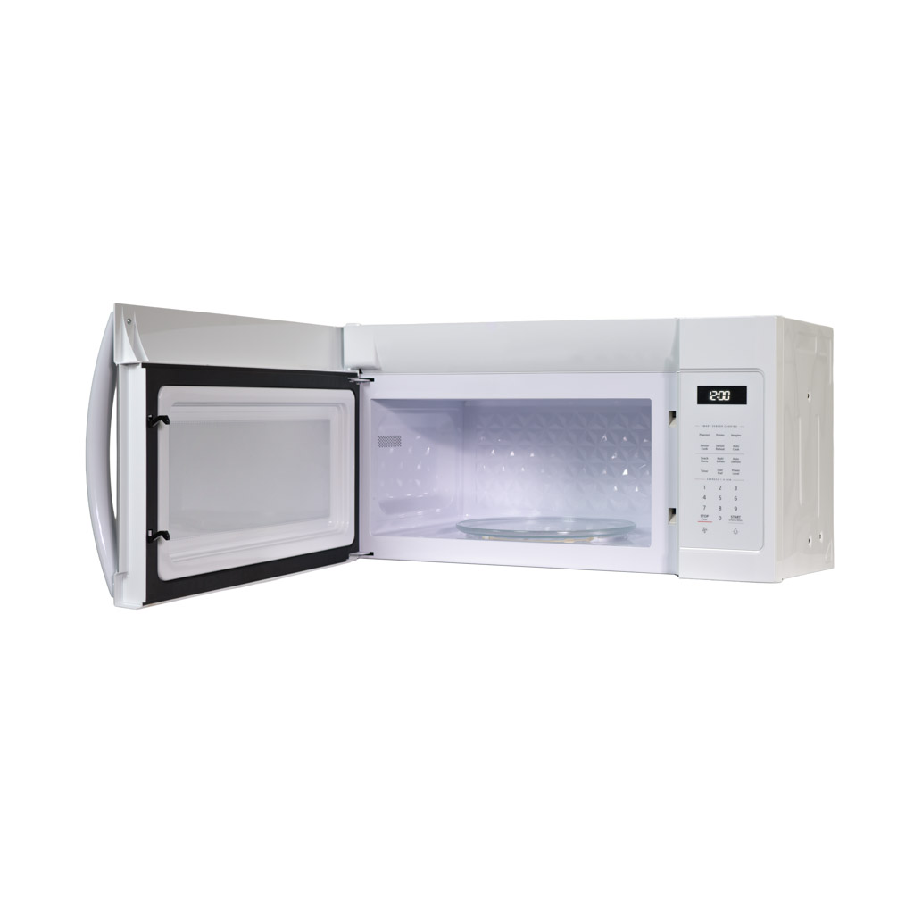Danby DOM1742B1WDB 1.7 cu ft over range microwave with door open showing interior cavity and turntable
