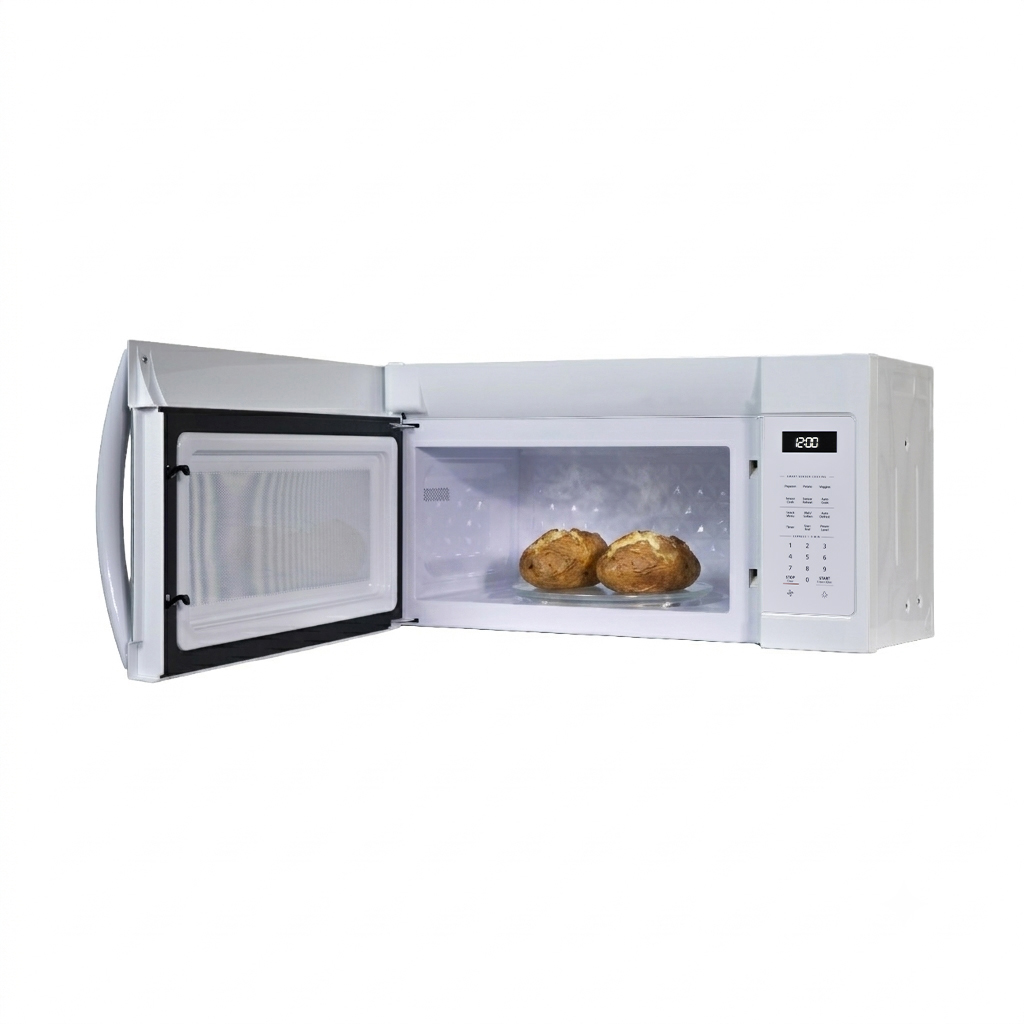 Danby DOM1742B1WDB 1.7 cu ft over range microwave with door open showing food inside cooking cavity