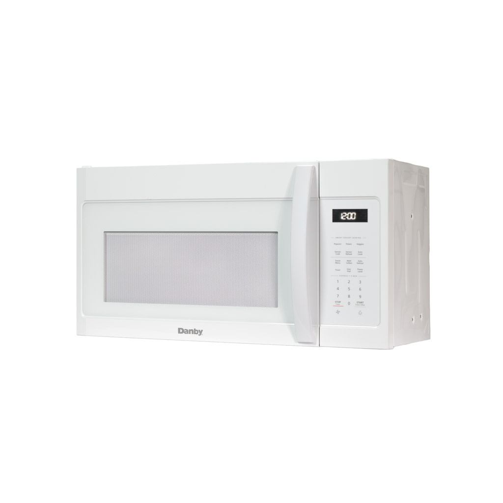 Danby DOM1742B1WDB 1.7 cu ft over range microwave left side view with white finish