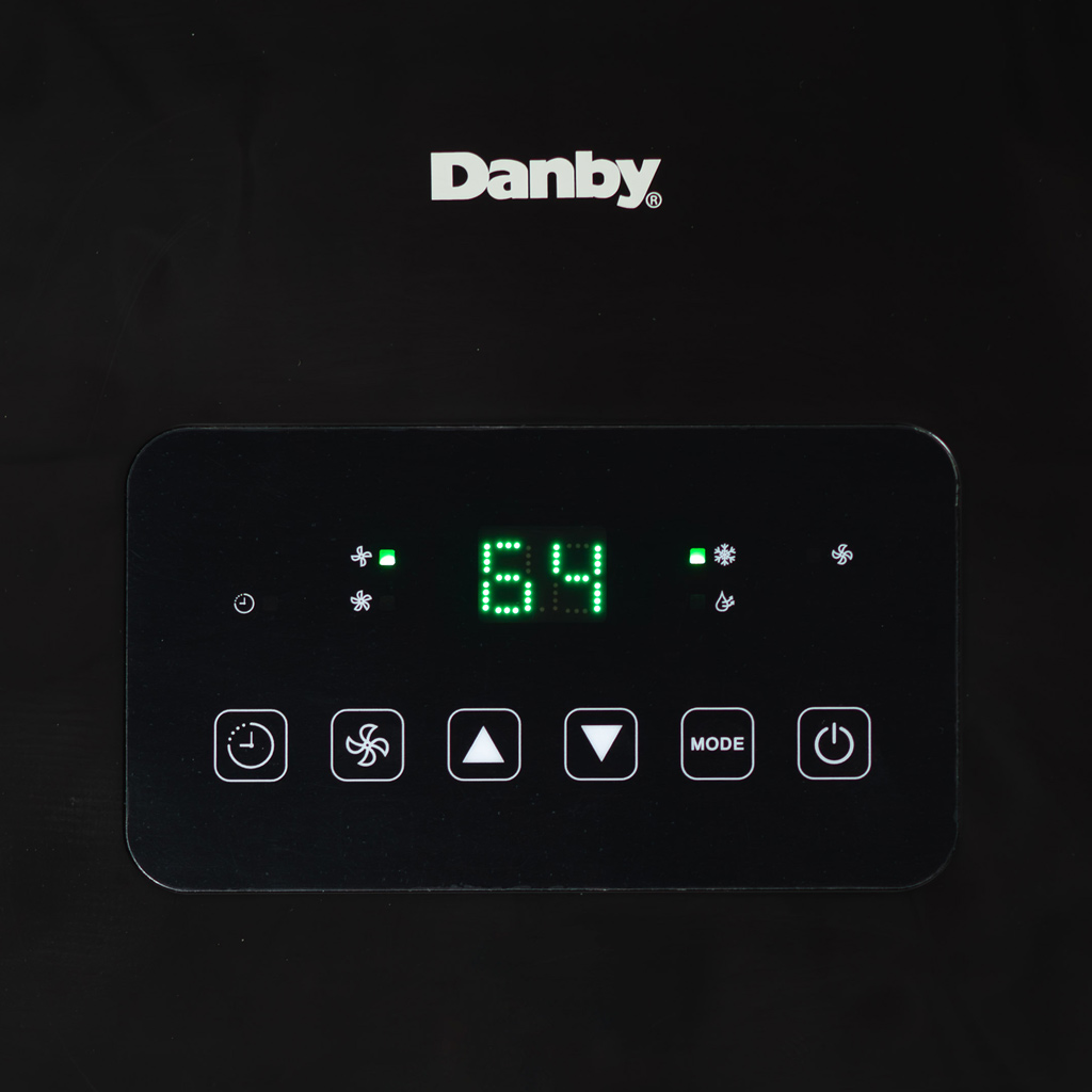 Danby DPA050E2BDB-6 7500 BTU air conditioner control panel with illuminated digital temperature display and touch buttons