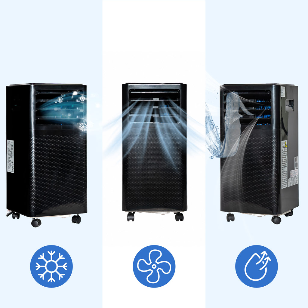 Danby DPA050E2BDB-6 7500 BTU air conditioner showing cooling airflow, fan mode and dehumidifier function