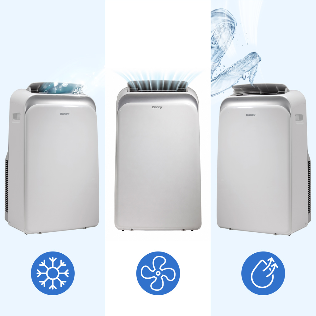 Danby DPA060B1WDB 10000 BTU air conditioner showing cooling fan and dehumidifier modes with airflow graphic