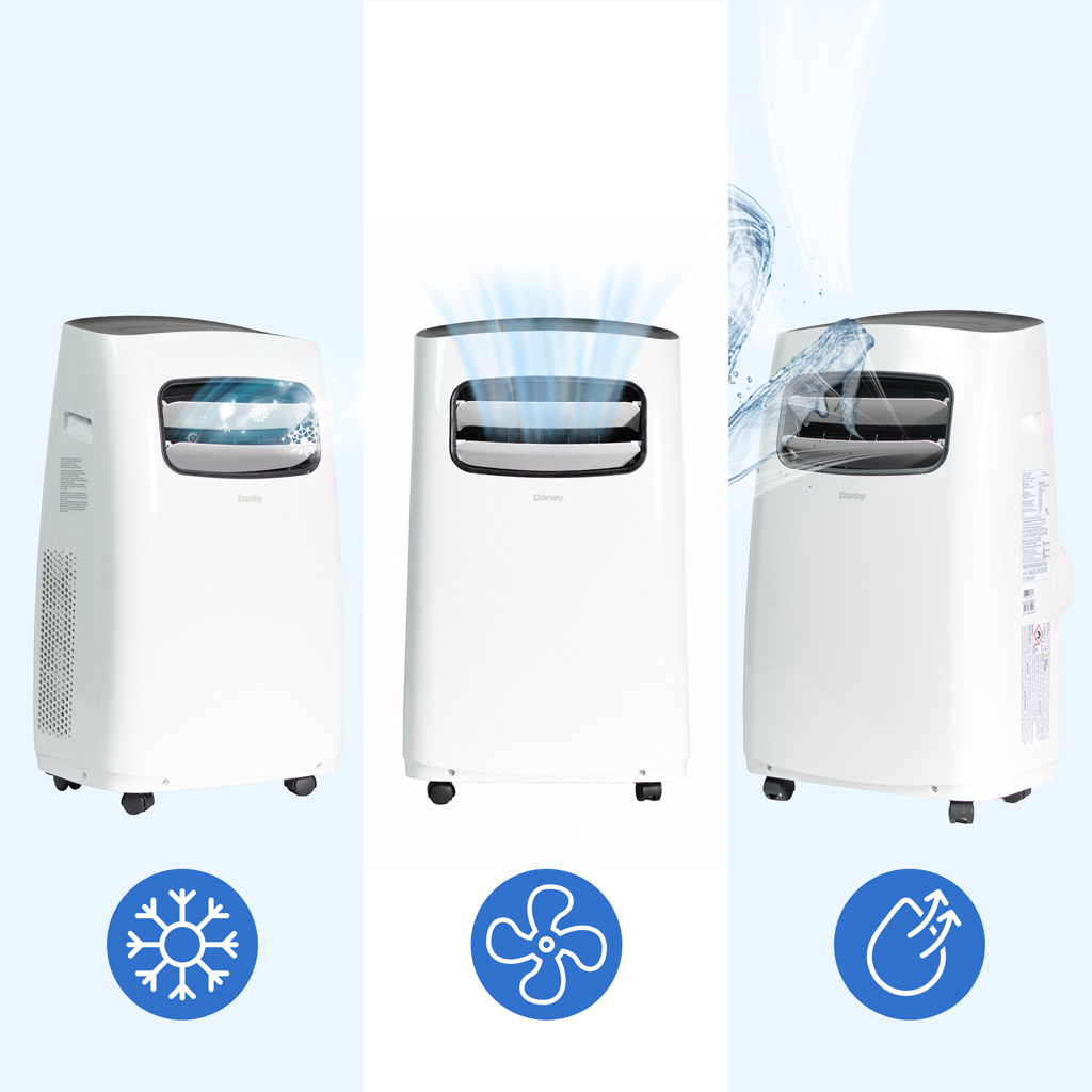 Danby DPA065B6WDB-6 12000 BTU air conditioner showing cooling fan and dehumidifier modes with airflow graphic