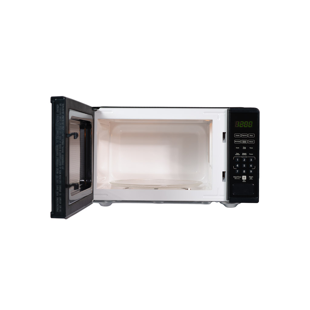 Danby DMW091A1B 0.9 cu ft countertop microwave with door open showing empty interior cavity