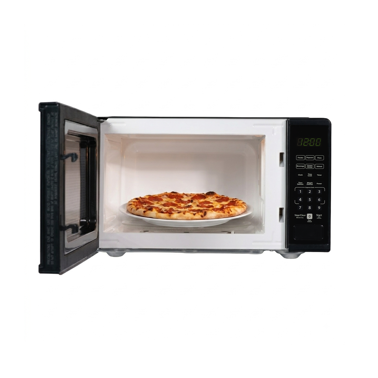 Danby DMW091A1B 0.9 cu ft countertop microwave front view with door open displaying food item inside