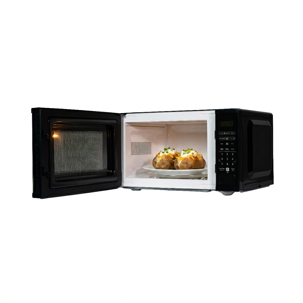 Danby DMW091A1B 0.9 cu ft countertop microwave left angle view with door open displaying food item inside