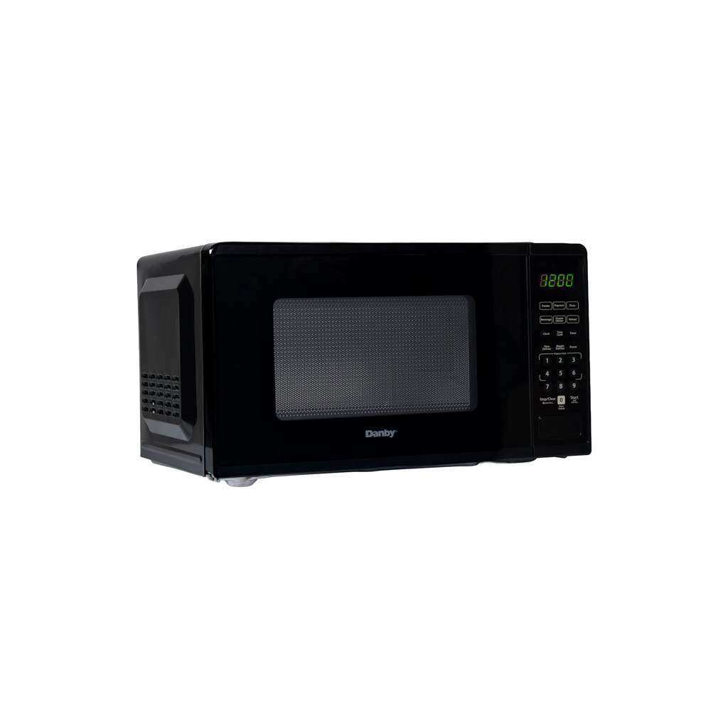 Danby DMW091A1B 0.9 cu ft countertop microwave right angle view with black finish