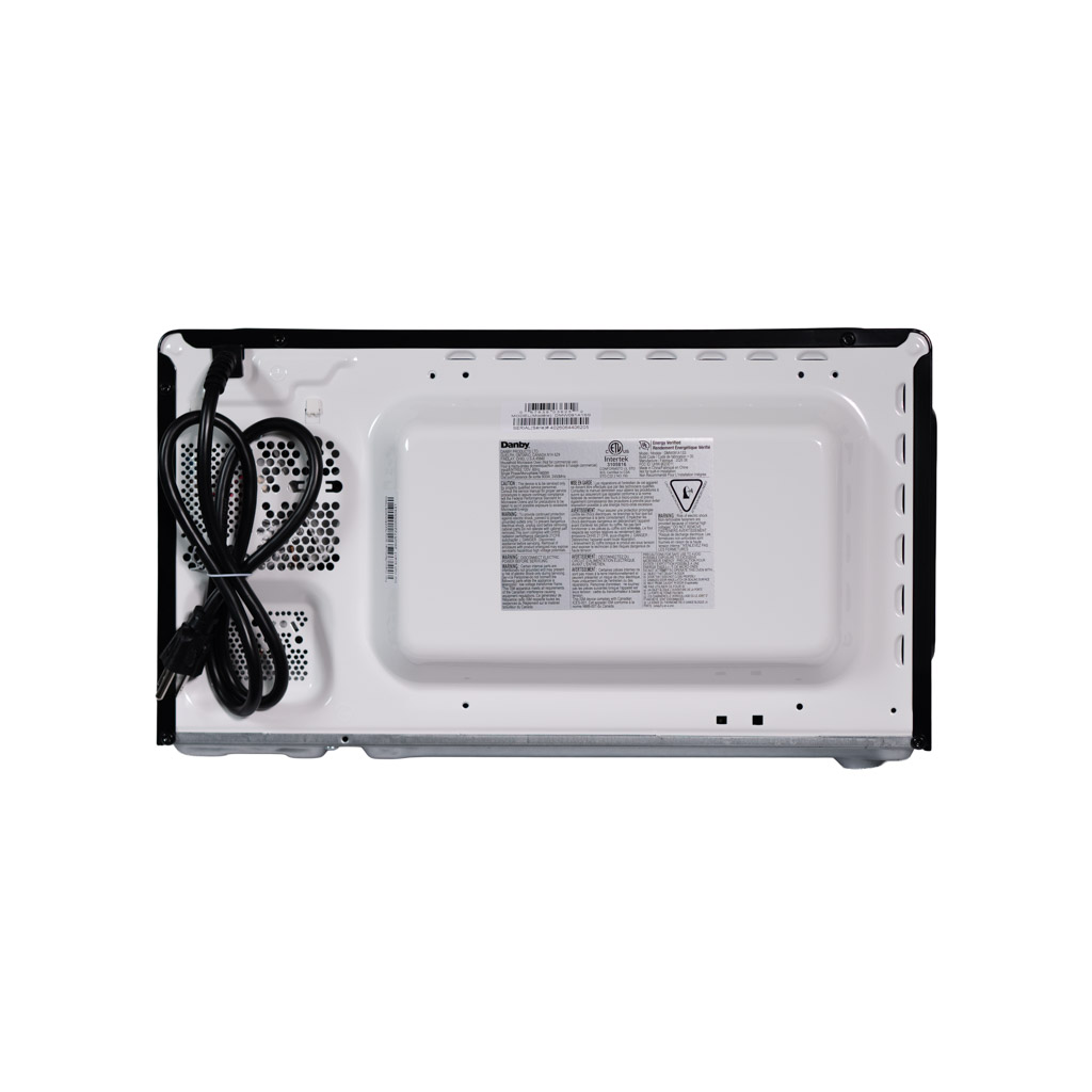 Danby DMW091A1SS 0.9 cu ft countertop microwave rear view showing power cord and rear panel