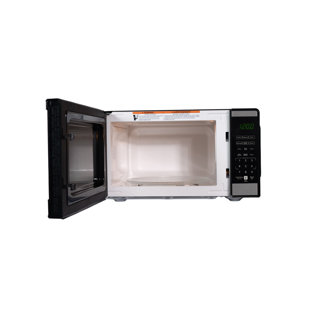 Danby DMW091A1SS 0.9 cu ft countertop microwave with door open showing empty interior cavity