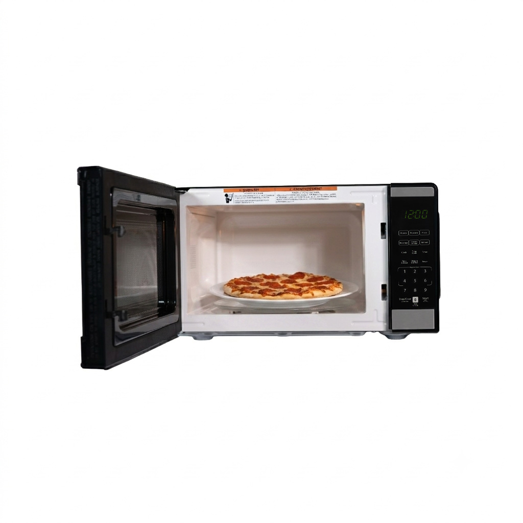 Danby DMW091A1SS 0.9 cu ft countertop microwave front view with door open displaying food item inside