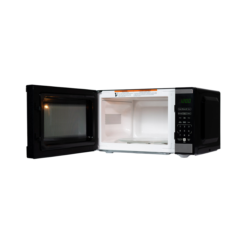 Danby DMW091A1SS 0.9 cu ft countertop microwave left angle view with door open showing interior cavity
