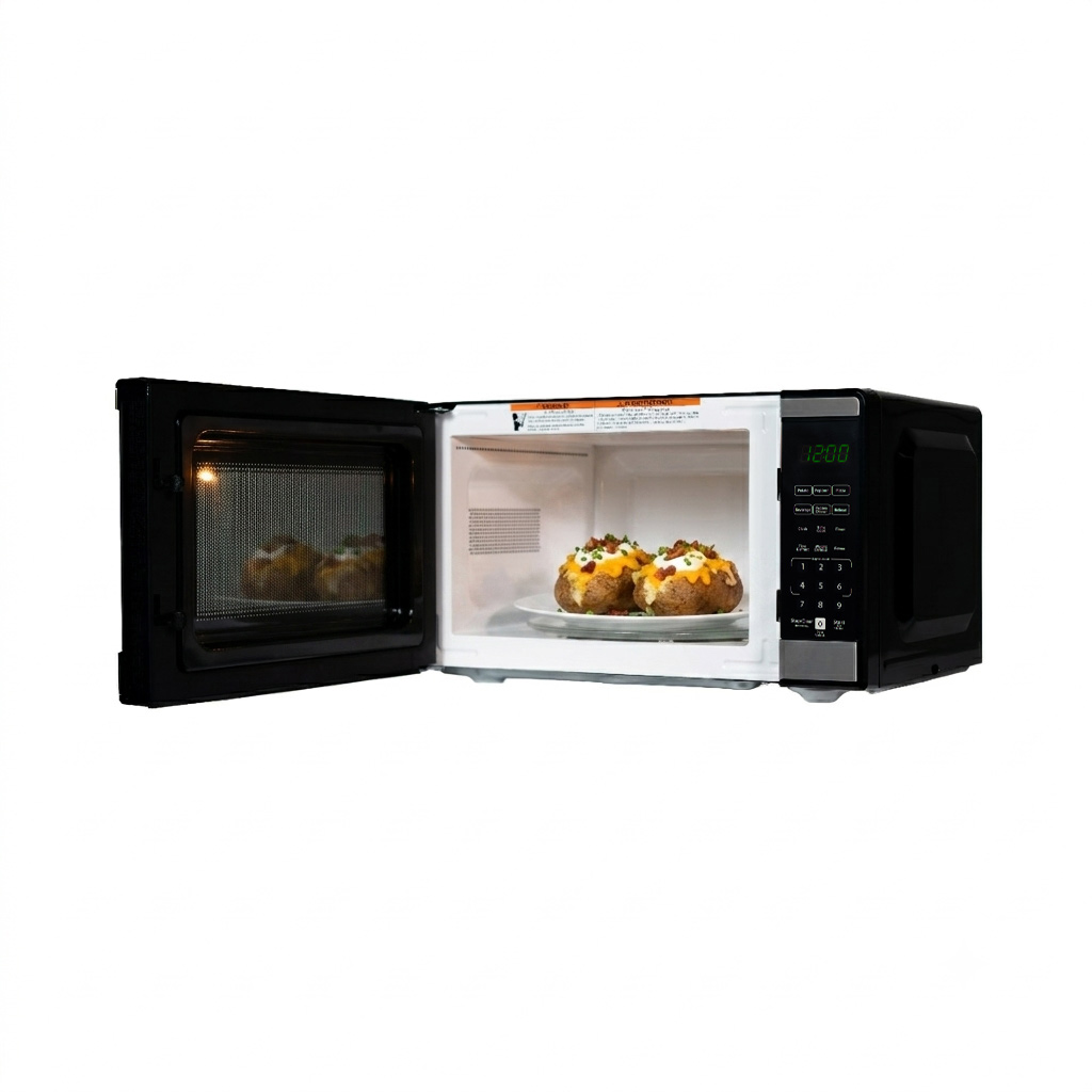Danby DMW091A1SS 0.9 cu ft countertop microwave left angle view with door open displaying food item inside